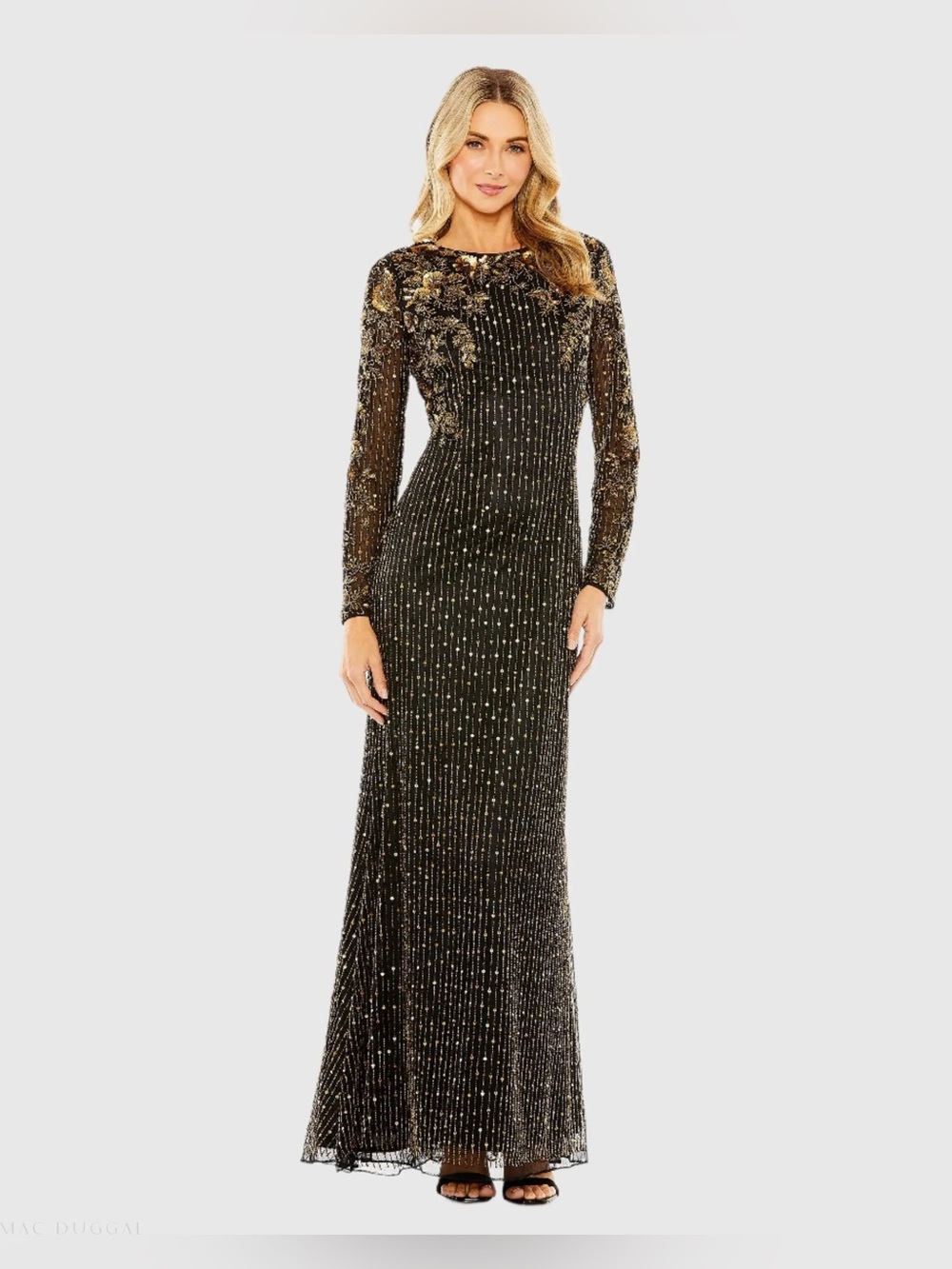 MAC DUGGAL
Black High Neck Long Sleeve Embellished Gown Size 4